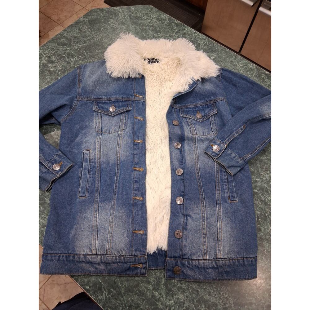 April Jeans Shaggy Long-Pile Faux Fur Lined Denim Trucker Jacket Womens SZ S